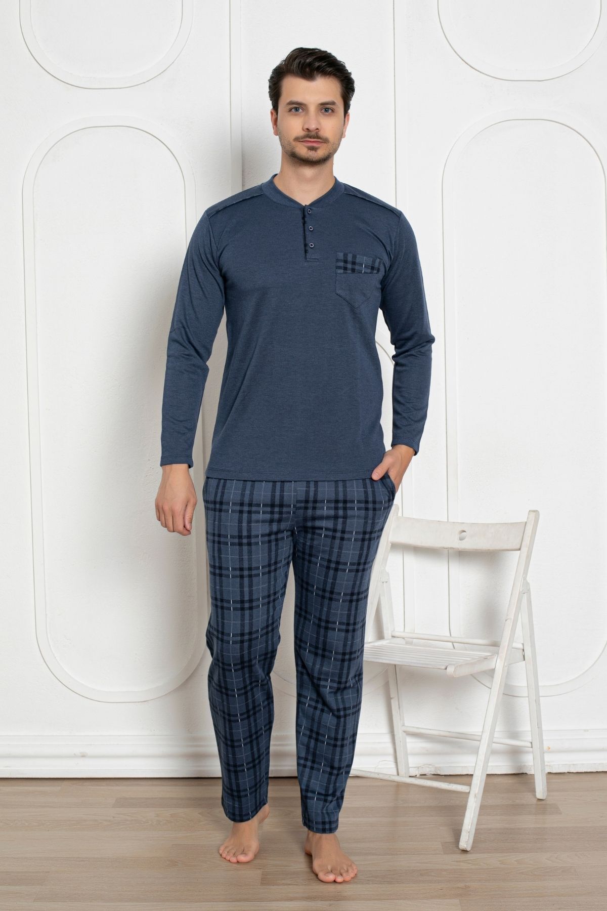 Erkek Pijama Takımı - İndigo Kışlık Şardonlu Jakarlı Kumaş 1211UK