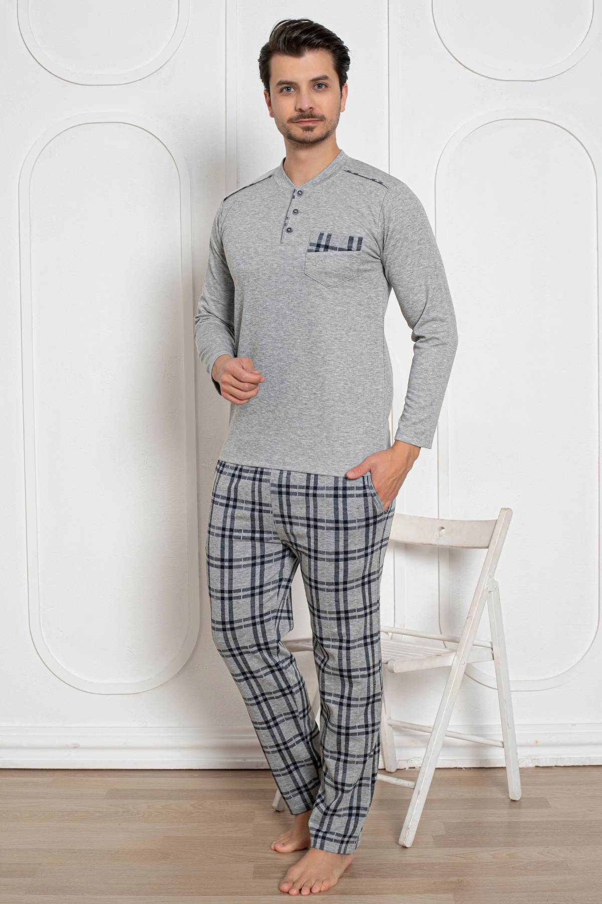 Erkek Pijama Takımı - Gri Kışlık Şardonlu Jakarlı Kumaş 1211UK