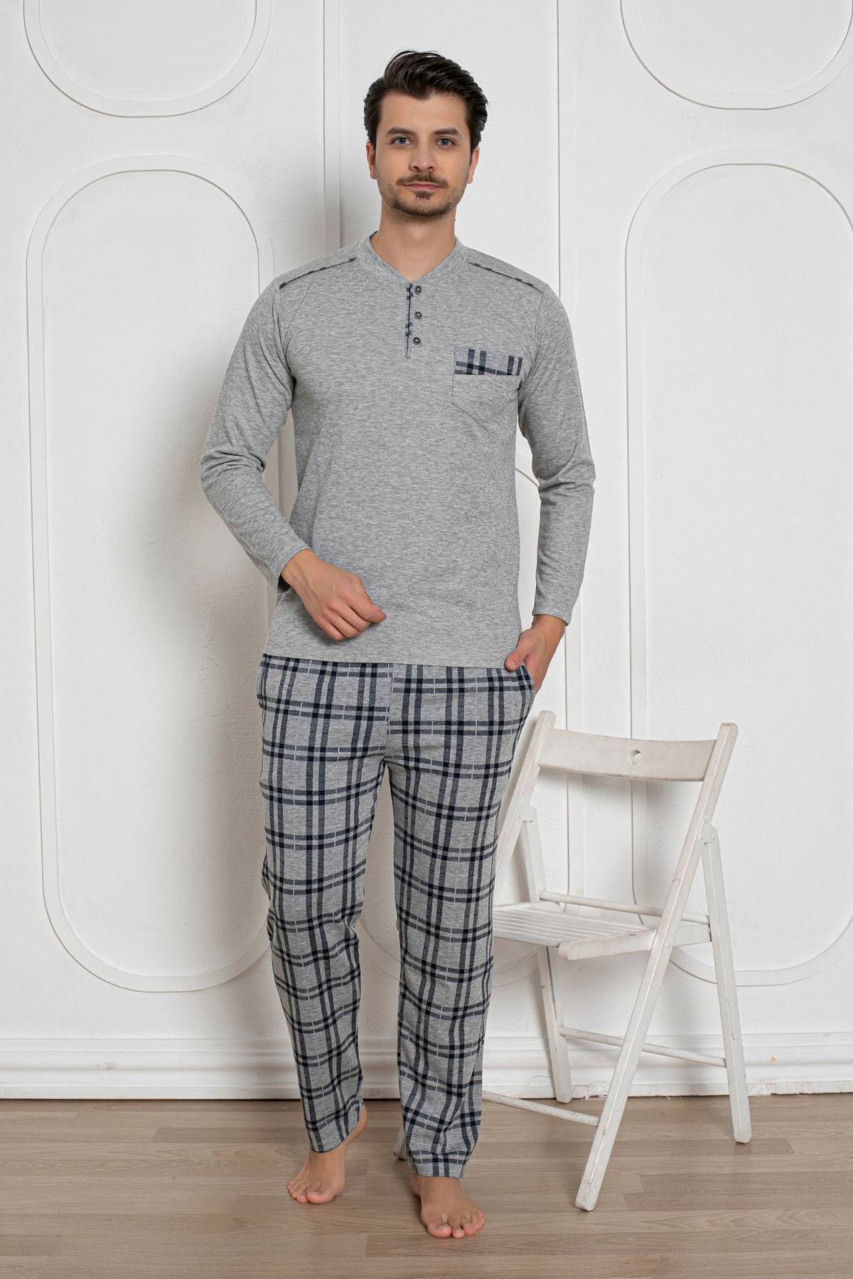 Erkek Pijama Takımı - Gri Kışlık Şardonlu Jakarlı Kumaş 1211UK