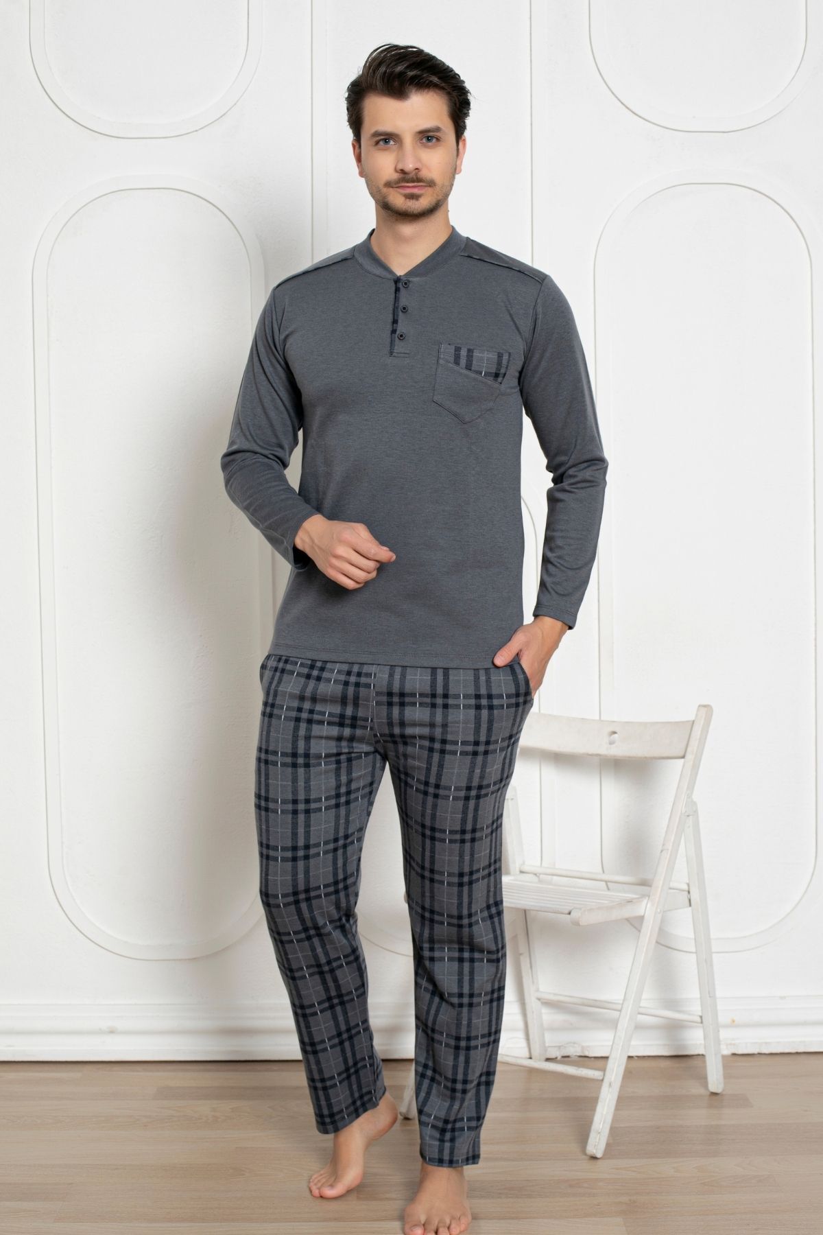 Erkek Pijama Takımı - Füme Kışlık Şardonlu Jakarlı Kumaş 1211UK