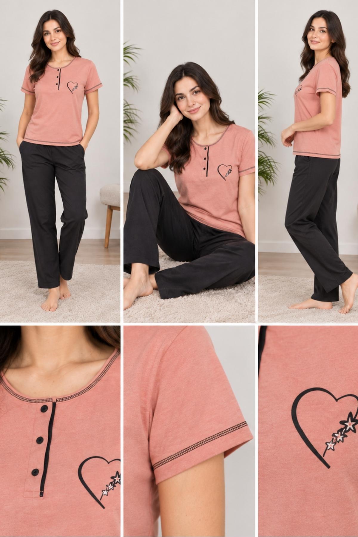 Somon Üç Düğmeli Nakışlı Bayan Pijama Takımı 2790KY