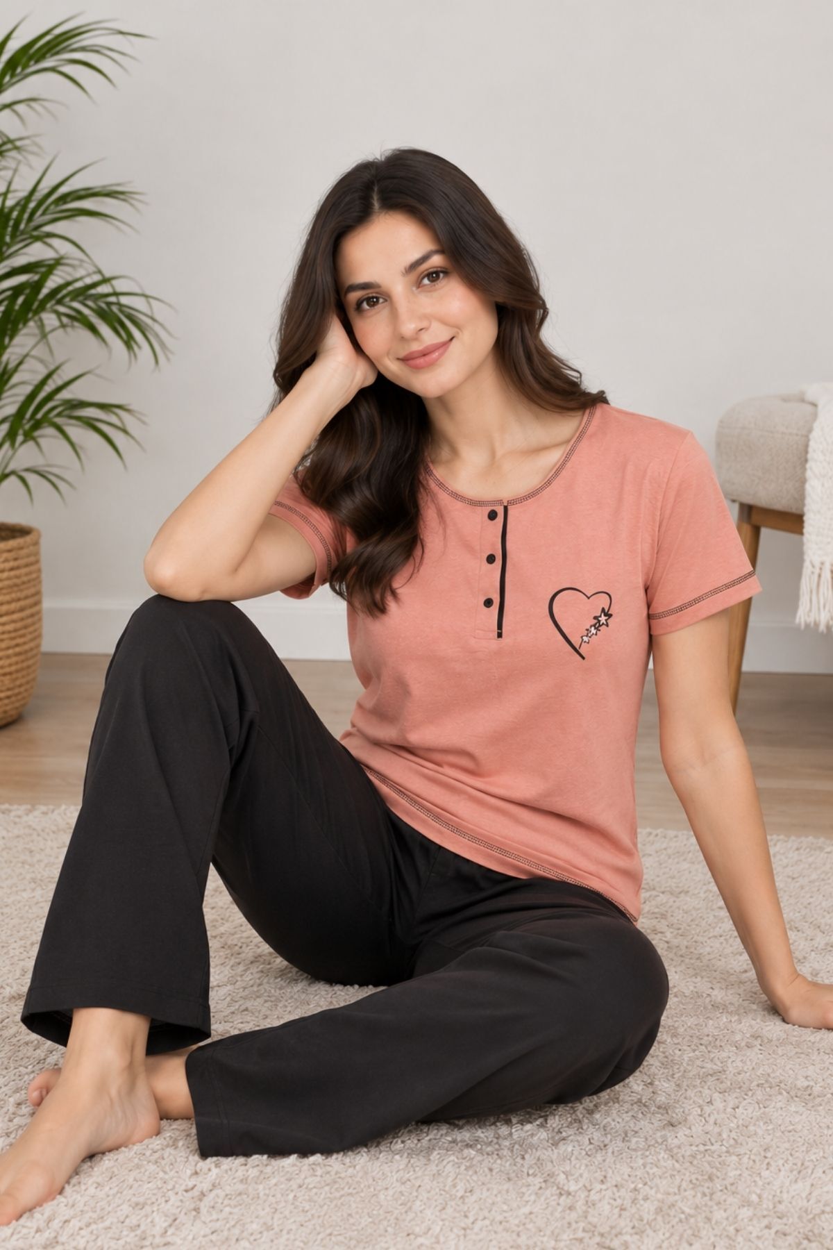 Somon Üç Düğmeli Nakışlı Bayan Pijama Takımı 2790KY