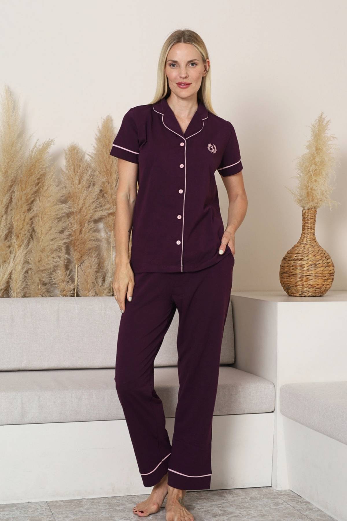 Bayan Pijama Takımı  - Mor Önden Düğmeli Kısa Kol Likralı Penye 2577KY
